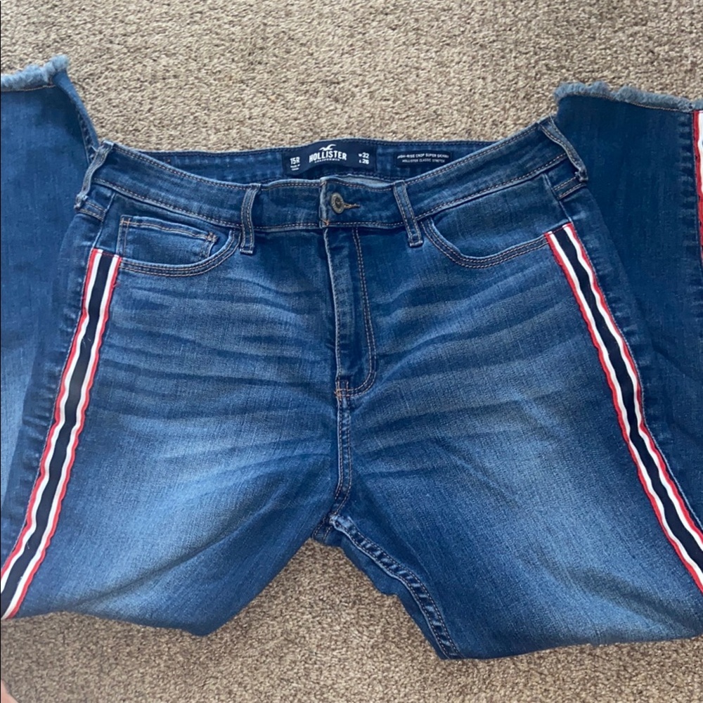 Hollister Blue Ankle Jeans with Red Sporty Stripe High Rise Crop skinny stretch